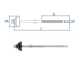 6,3 x 130mm Faserzementschrauben mit Pilzdichtung, Bohrspitze und Räumflügel für Holzunterkonstruktionen  (1 Stk.)