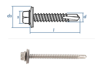 5,5 x 25mm Bohrschrauben Sechskantkopf u. Dichtscheibe ähnl. DIN7504 Edelstahl A2 (10 Stk.)