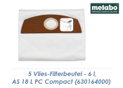 Metabo Vliesbeutel 6 l  f&uuml;r AS 18 L PC Compact Sauger (1 Pkg. zu 5 Stk.)