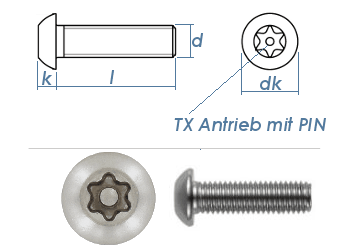 M6 x 20mm Linsenflachkopfschraube TX+PIN &auml;hnl. ISO7380 Edelstahl A2   (10 Stk.)